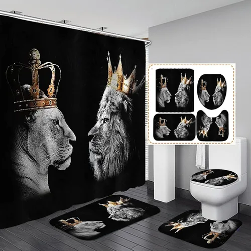 Vista 20 de Juego de 4 cortinas de ducha de rey león negro, citas inspiradoras, palabras motivacionales positivas y educativas, decoración de baño de animales