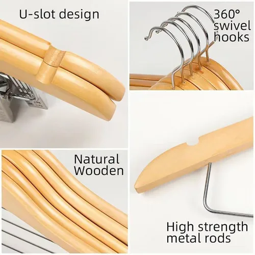 Vista 3 de Paquete de 20 perchas de madera con clips, perchas de madera de alta calidad para trajes, faldas con clips, colgador de madera en S con clips