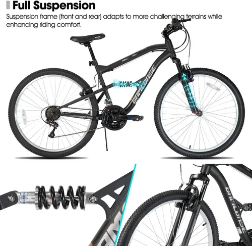 Vista 3 de Hiland Bicicleta de montaña de suspensión completa para hombre, 18 velocidades, rueda de 26 pulgadas, bicicleta de doble freno V para hombres