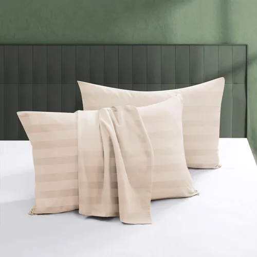 Vista 28 de Juego de 2 protectores de almohada 100% algodón egipcio, 600 hilos tamaño estándar con cremallera, fundas refrescantes de tejido satinado, Beige