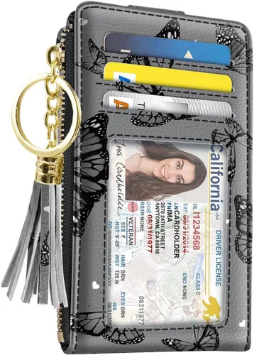 Vista 6 de Cartera delgada con bloqueo RFID para mujer, cartera de cuero con múltiples tarjetas, cartera plegable con borla, bolsillo con cremallera