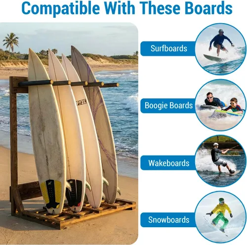 Vista 2 de MyGift Estante vertical independiente para tablas de surf de 4 pies de alto, estilo casa de playa, soporte de almacenamiento para tabla de remo SUP