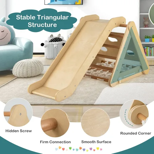 Vista 4 de Costzon Juguete de escalada 4 en 1 para niños pequeños, trepador de triángulo de madera Montessori de 3 lados con rampa deslizante, red de escalada
