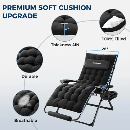 Vista 8 de HOMSHADE Silla de gravedad cero de gran tamaño XXL de 33 pulgadas, soporta Negro