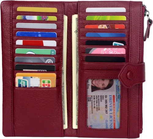 Vista 7 de Bveyzi - Cartera de cuero suave para mujer con bloqueo RFID, billetera plegable con doble cierre, porta-tarjetas para damas Soft, RFID Blocking