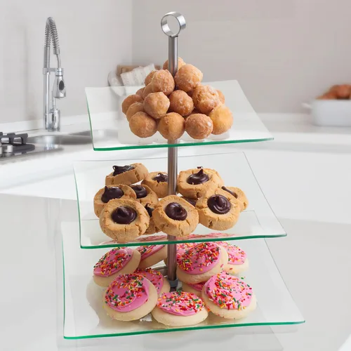 Vista 3 de Chef Buddy soporte cuadrado de vidrio para buffet y postre de 3 niveles.