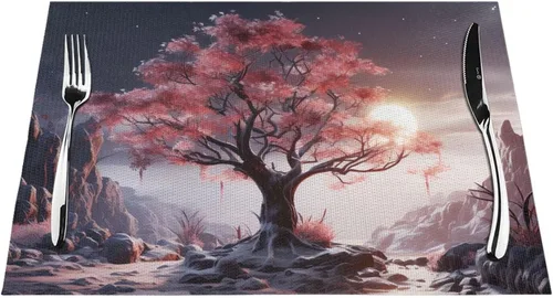 Vista 7 de 6 PCS PVC Placemats Set Place Mats Big Tree Growing on Pile of Stones Non-Slip Weave Place Mats 12" x 18" Farmhouse Table Mat Set for Family Dinners