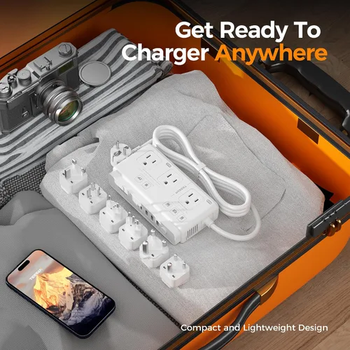 Vista 6 de TESSAN Convertidor de voltaje de 220V a 110V para viajes con 4 puertos USB (1 USB C), 3 tomas de corriente AC y adaptador de corriente internacional