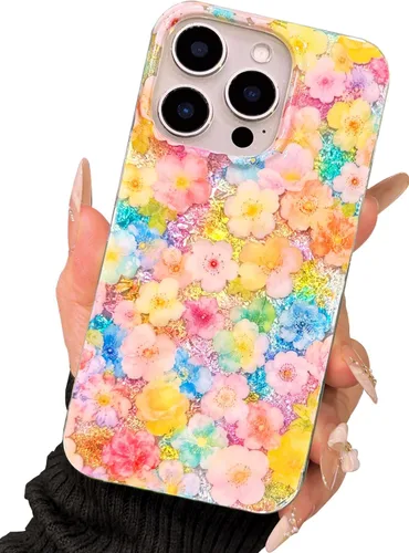 Vista 30 de I-MGAE-IN-AR Funda compacta para iPhone 12 Pro, diseño colorido de flores iridiscentes, holográfica, brillante, bonita funda para iPhone 12