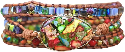 Vista 18 de Women Boho Wrap Bracelet Natural Jasper Crystal Stone Bead Strand Bracelets Marrón