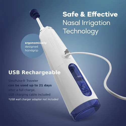 Vista 6 de SinuPulse Traveler con 30 paquetes Sinuair – Sistema de enjuague nasal pulsante inalámbrico de riego nasal, limpiador de ahorro de espacio y máquina