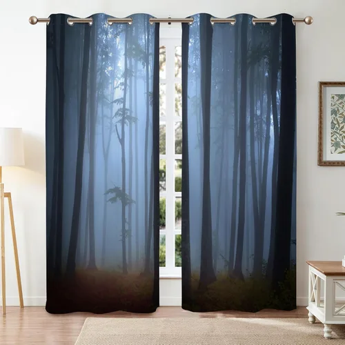 Vista 10 de Renaiss Cortinas opacas de bosque rojo, diseño de bosque negro brumoso, hojas rojas, cortinas de dormitorio de naturaleza misteriosa para cocina, 45