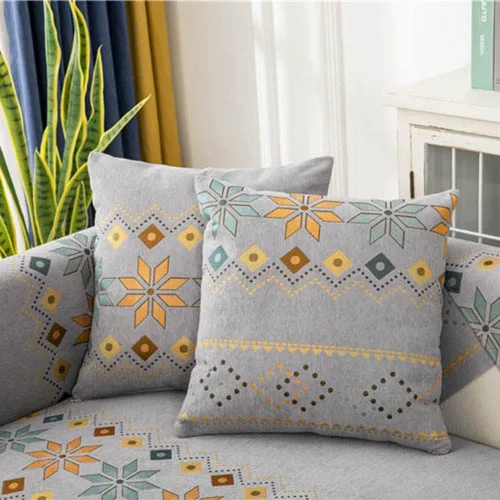 Vista 16 de Funda de sofá de chenilla para sofá modular, diseño geométrico bohemio y jacquard antideslizante, protector de muebles para niños, perros y Azul