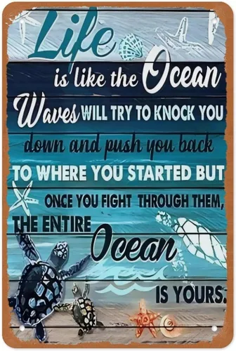 Vista 13 de Cartel de metal con texto en inglés «To The Ocean I Go To Lose My Mind And Find My Soul» de tortuga marina de 12 x 8 pulgadas, decoración de pared