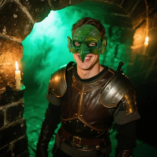 Vista 2 de VZQI Máscara de duende verde, máscara de bruja de Halloween, disfraz de cosplay de zombi aterrador de media cara