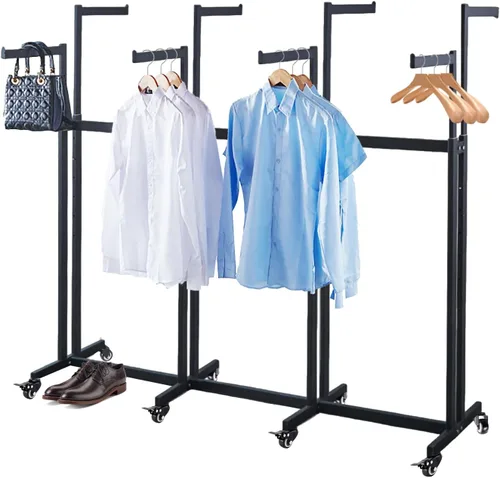 Vista 10 de Perchero de pie de metal para ropa - Estantes de exhibición resistentes para uso comercial con ruedas, perchero de ropa de 6 brazos, perchas
