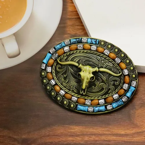 Vista 27 de RechicGu Hebilla de cinturón ovalada de calavera de toro de cuerno largo, cuentas de madera turquesa nativa americana, hebillas de vaquero