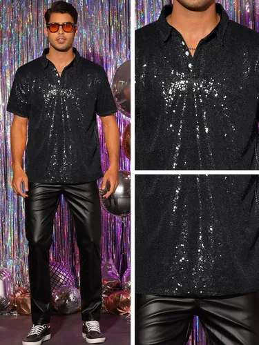 Vista 4 de Lars Amadeus Polo de lentejuelas para hombre, camisas brillantes de golf de manga corta para club y fiesta