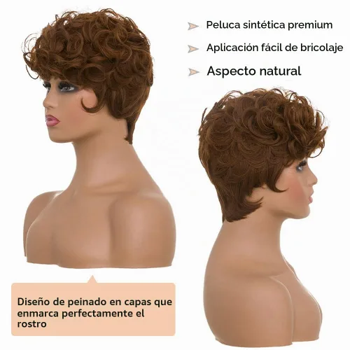 Vista 4 de MOONSHOW - Pelucas cortas de corte Pixie para mujeres negras, peluca de corte Pixie marrón Short Pixie Wigs for Black Women Natural Layered Short