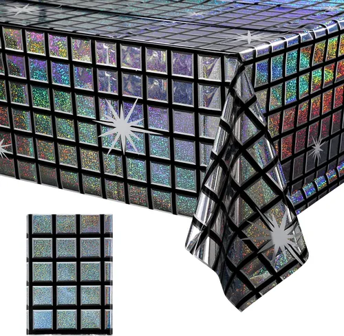 Vista 19 de Paquete de 4 manteles de plástico iridiscente brillantes desechables láser rectangulares, cubiertas de mesa, mantel de papel holográfico