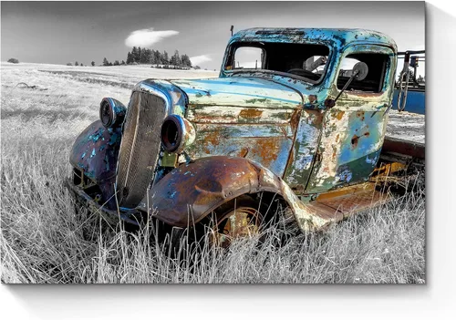 Vista 7 de SunFlax Arte de Lienzo de Pared de Carro Oxidado: Obra de Arte de Camión Azul Viejo Cuadro Rústico de Automóvil Pintura Vintage de Campo Antigua