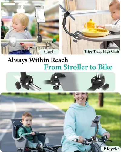 Vista 5 de Soporte de teléfono para cochecito, soporte de teléfono celular con cuello de cisne para cochecito de bebé, carrito de compras, bicicleta