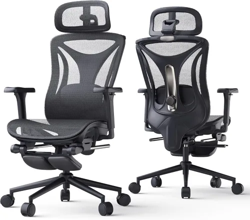 Vista 12 de CYKOV Silla de oficina ergonómica con reposapiés, soporte lumbar ajustable y reposacabezas, silla de computadora reclinable de malla de 90-160°