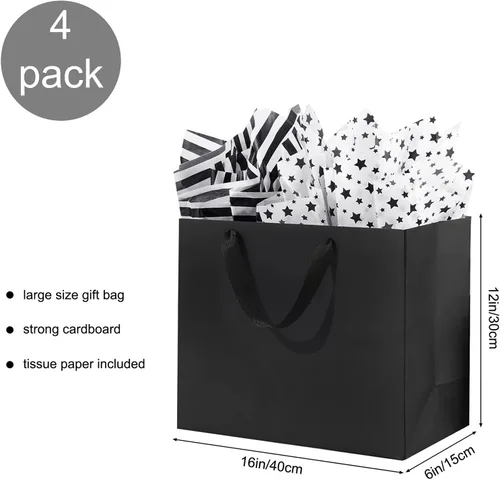 Vista 2 de Paquete de 4 bolsas de regalo negras extra grandes, bolsas de regalo grandes con papel de seda, 16 x 6 x 12 pulgadas, bolsas de regalo para pequeñas