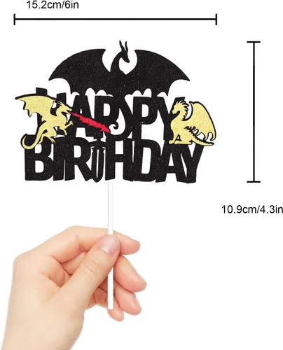 Vista 4 de Decoración para pastel de cumpleaños con purpurina negra de dragón de fuego, juegos de decoración de fiesta de dragón para niños y hombres