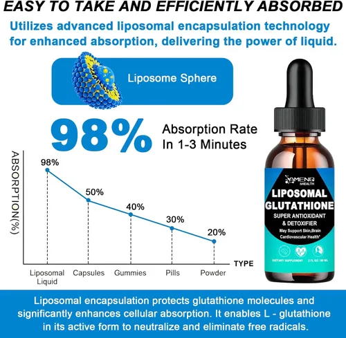 Vista 6 de Suplemento líquido de glutatión liposomal, forma activa L-glutatión con aceite de aloevera, vitamina C y ácido hialurónico para desintoxicación