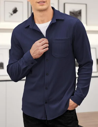 Vista 2 de COOFANDY Camisa de pana para hombre, estilo chaqueta ligera, de manga larga, con botones