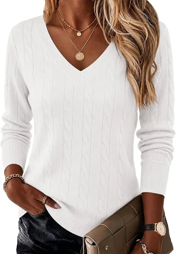 Vista 7 de Ekouaer Suéter de punto trenzado con cuello en V para mujer, manga larga Negro