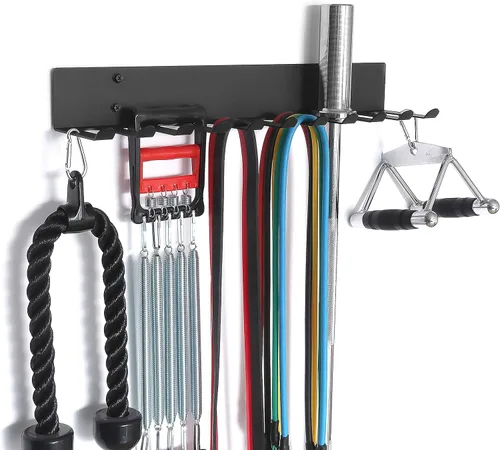 Vista 6 de Estante de almacenamiento multiusos para equipos de gimnasio, colgador de almacenamiento para bandas de resistencia, estante para barras, estante