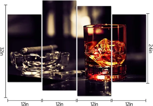 Vista 5 de VVOVV Wall Decor - Whisky marrón en tazas con lienzo de hielo, impresión artística de pared, pintura de vino, cuadros enmarcados, cenicero