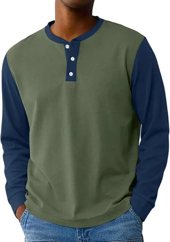 Vista 15 de Camisas de manga larga Henley con bloques de color para hombre, estilo casual, con botones, clásica, suave, transpirable