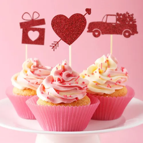 Vista 4 de Pajean 60 piezas de decoración para cupcakes para el día de San Valentín con purpurina roja y corazón de amor, beso me Lip Be Mine, caja de regalo