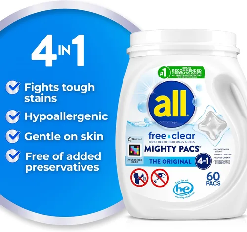 Vista 2 de All Mighty Pacs Detergente para Ropa, Sin Fragancia Sin Colorantes para Piel Sensible, Envase, 60