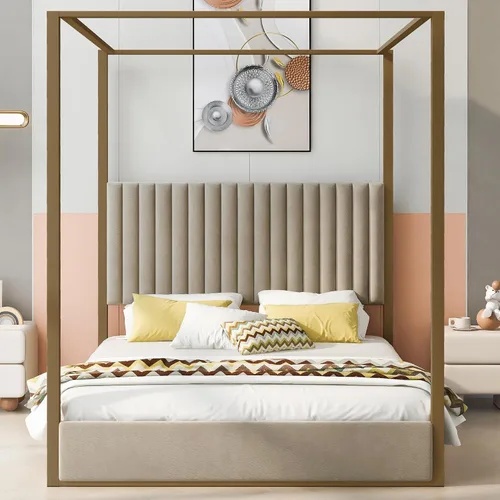 Vista 4 de Marco de cama moderno con dosel de 4 doseles, cama de plataforma de madera con cabecera tapizada, camas de plataforma de madera de bajo perfil