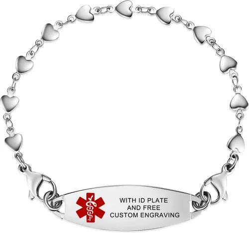 Vista 6 de LinnaLove Pulsera de alerta médica intercambiable de acero inoxidable con eslabones de corazón