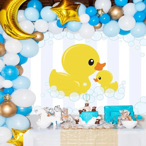 Vista 2 de Renaiss Telón de fondo de tela de pato amarillo con burbujas de goma para baby shower, fiesta de cumpleaños, fondo de fotografía para niños, recién