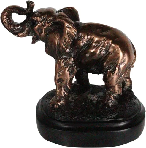 Vista 3 de Ebros - Figura de elefante africano de ternero con tronco elevado en acabado de resina galvanizada de bronce con base de trofeo de 4 pulgadas