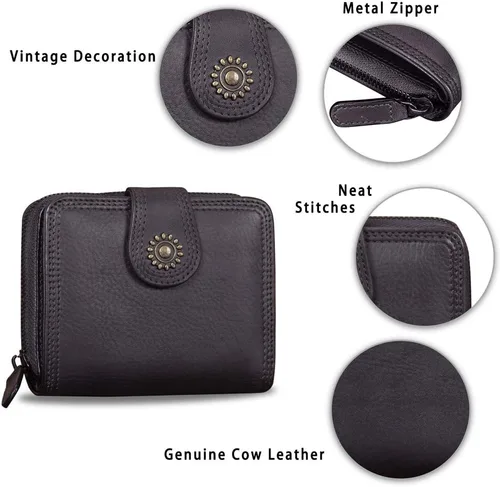 Vista 6 de Billeteras de cuero plegables para mujer, estilo vintage, hechas a mano, pequeño, con cremallera, Negro -, Billetera plegable