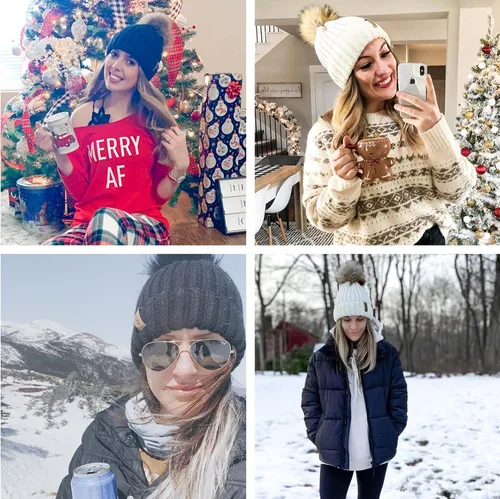 Vista 6 de FURTALK - Gorro de punto para el invierno con pompón de piel sintética, cálido, para mujeres
