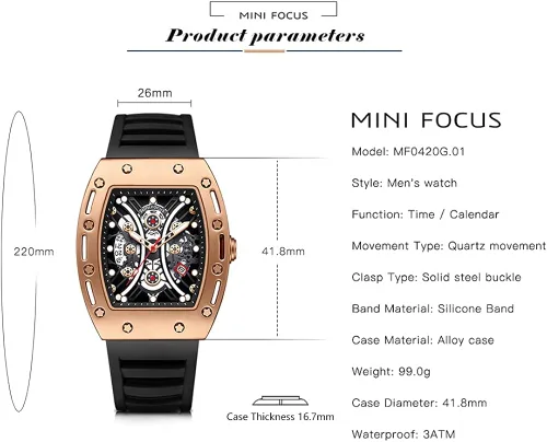 Vista 6 de MF MINI FOCUS Watch Wristwatch Fashion Hollow Big Dial Luminous Waterproof Sport Analog Quartz Business Mens Watches Silicon Strap Dress Watch