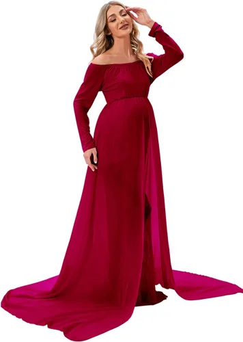 Vista 2 de ZIUMUDY Vestido de sesión de fotos de maternidad de manga larga con hombros descubiertos, vestido de encaje ajustado con capa larga de gasa trian