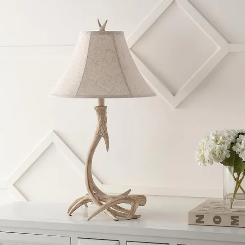 Vista 7 de JONATHAN Y Lámpara de mesa de resina rústica beige de 27.5 pulgadas para sala de estar, dormitorio, pantalla de lino gris claro, lámpara de mesita
