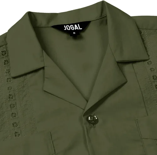 Vista 3 de JOGAL Camisas guayabera cubanas para niños de manga corta con botones, camisa casual de playa Verde militar