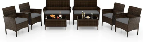 Vista 25 de RELAX4LIFE Juego de muebles de patio de 4 piezas – Juego de muebles de ratán para conversación al aire libre con cojines, mesa de centro de cristal