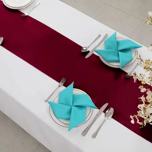 Vista 4 de Horbaunal Paquete de 24 caminos de mesa de satén burdeos de 12 x 108 pulgadas, caminos de mesa suaves para banquetes de boda, fiesta de cumpleaños