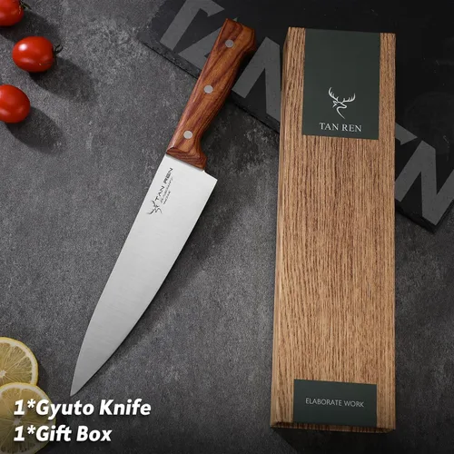 Vista 6 de TAN REN Cuchillo de chef japonés de 8 pulgadas, cuchillo gyuto de acero inoxidable, cuchillo japonés forjado a mano, cuchillos de chef de espiga